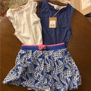 Mini Boden Blue and White Floral Skort with White and Blue Tops. Size 8/9/10